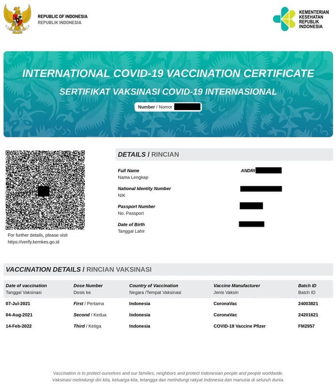 Contoh Sertifikat Vaksin Internasional